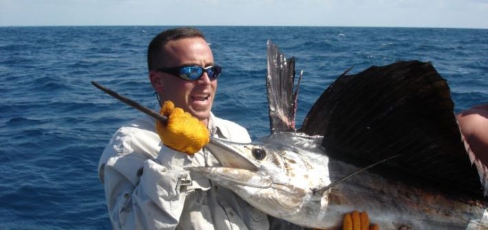 Sailfishing charter off Marathon score a nice fish. We caught this fish in 180ft of water inthe Fl Keys.